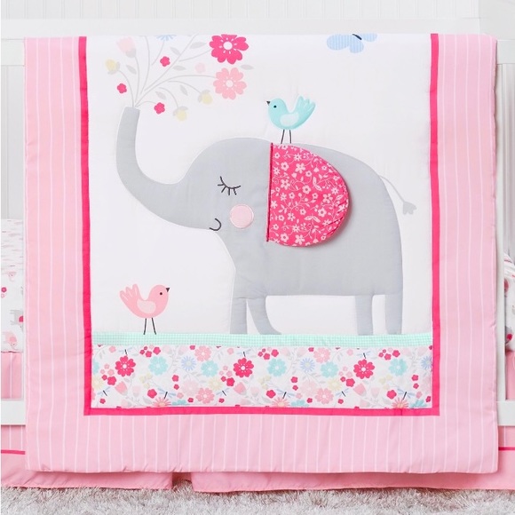 3pc Nursery Comforter Set Crib Sheet Pink Gray Elephant Bird Parent's Choice NEW - Picture 3 of 14